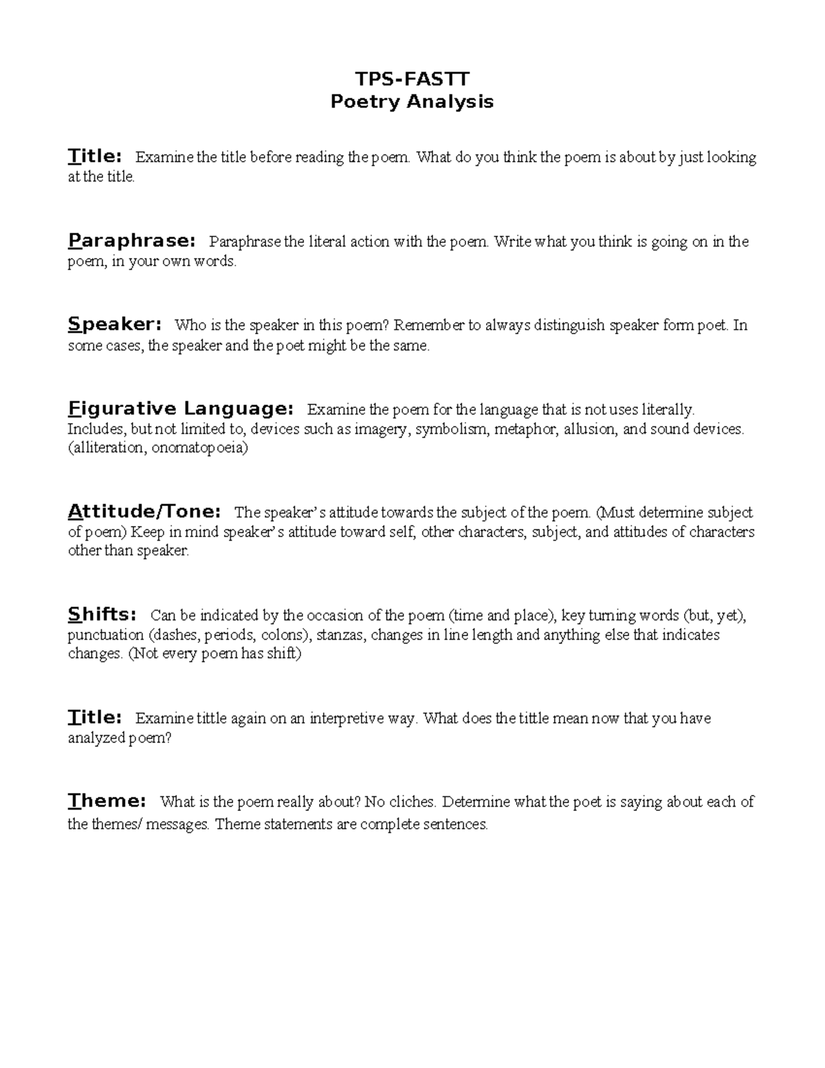 TPS-FASTT Poetry Analysis Notes: Understanding and Interpreting Poems ...