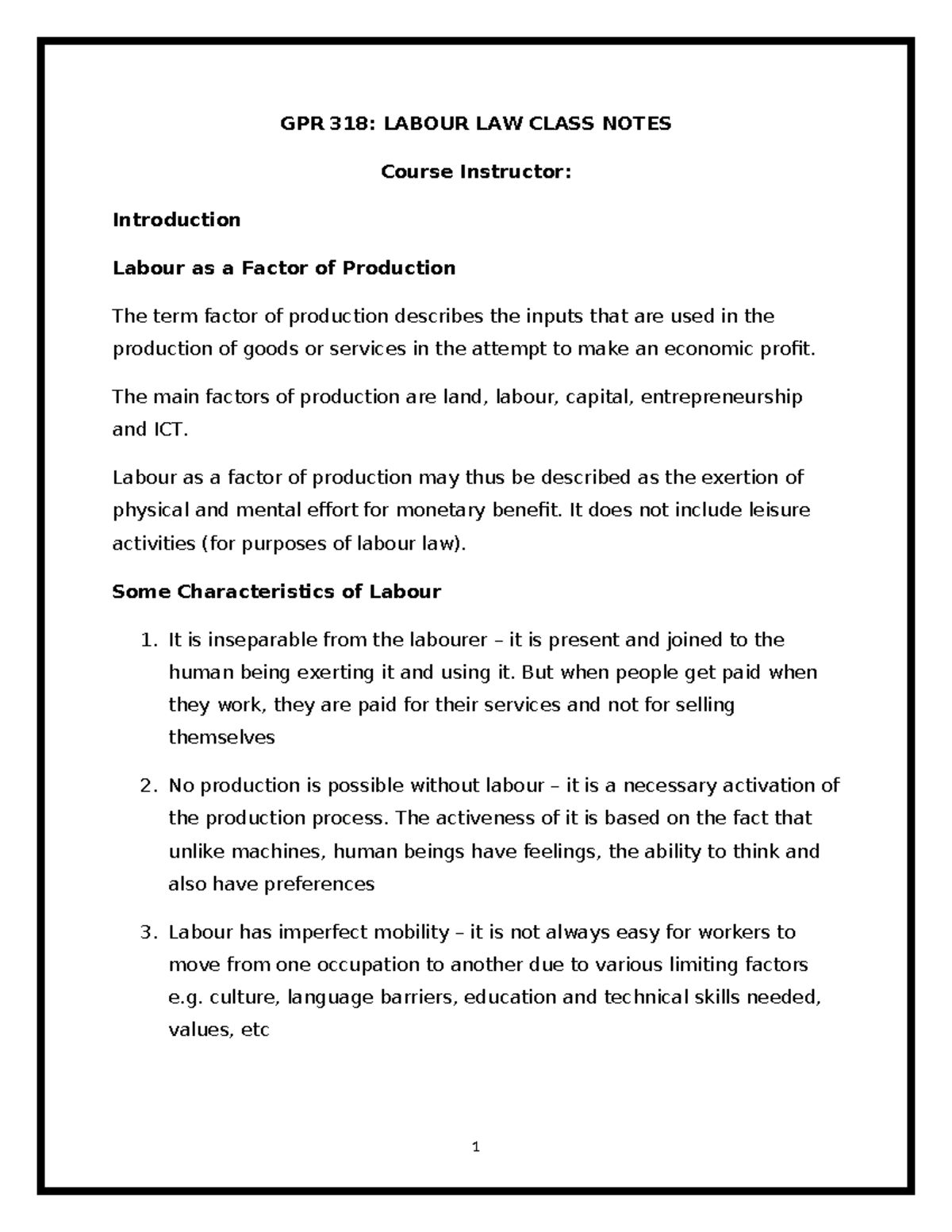 GPR 318: Updated Labour Law Class Notes for Exam Preparation - Studocu