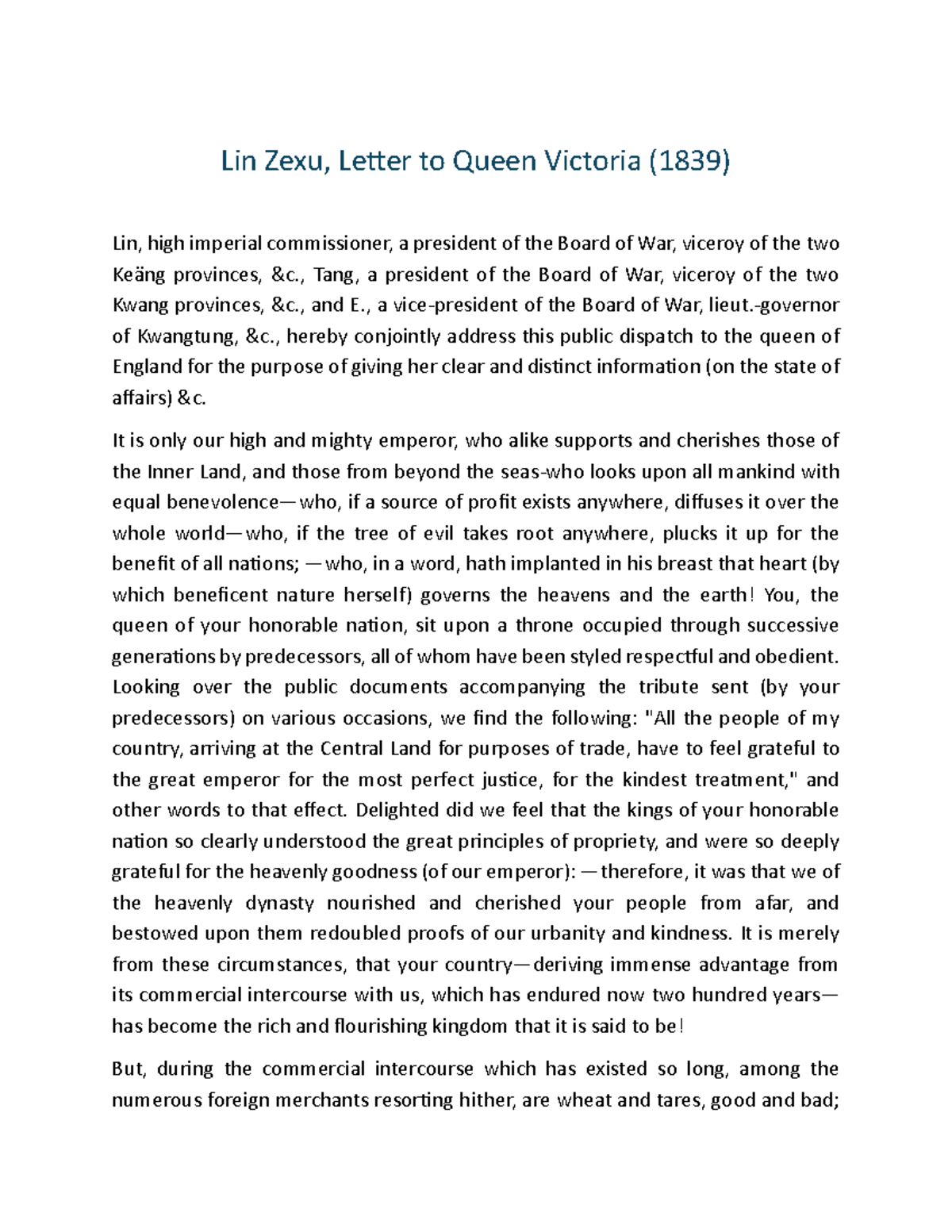 Letter from Lin Zexu to Queen Victoria on Opium Trade Regulations (1839 ...