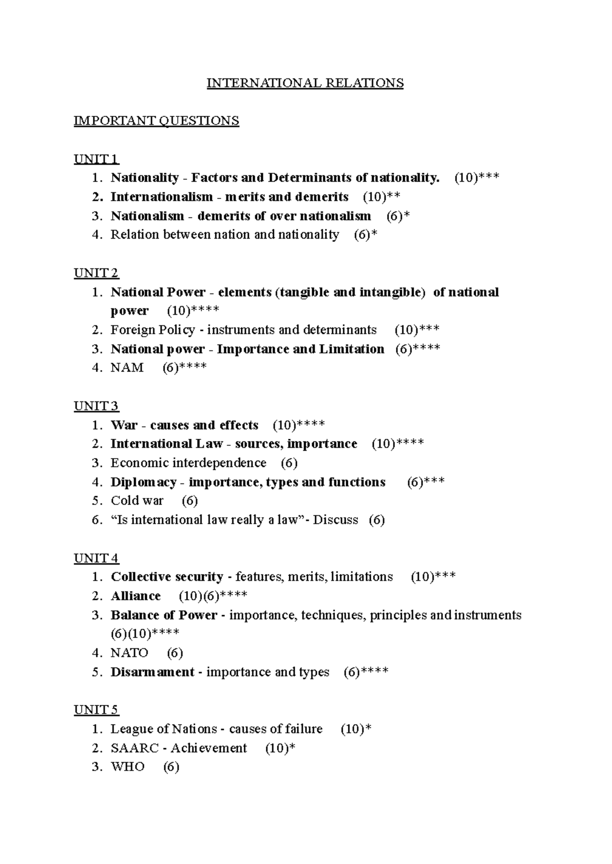 INTL RELATIONS IMPORTANT QUESTIONS - UNIT 1 TO UNIT 5 - Studocu