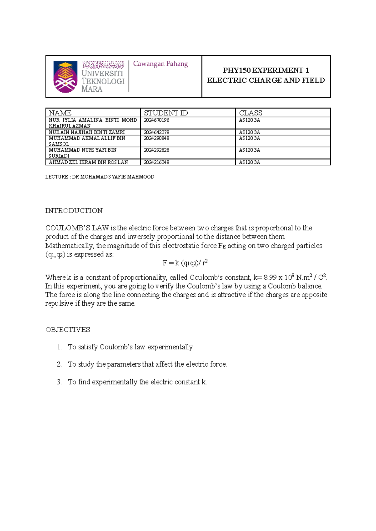 PHY150 Lab Report: Experiment 1 on Electric Charge & Field - Studocu
