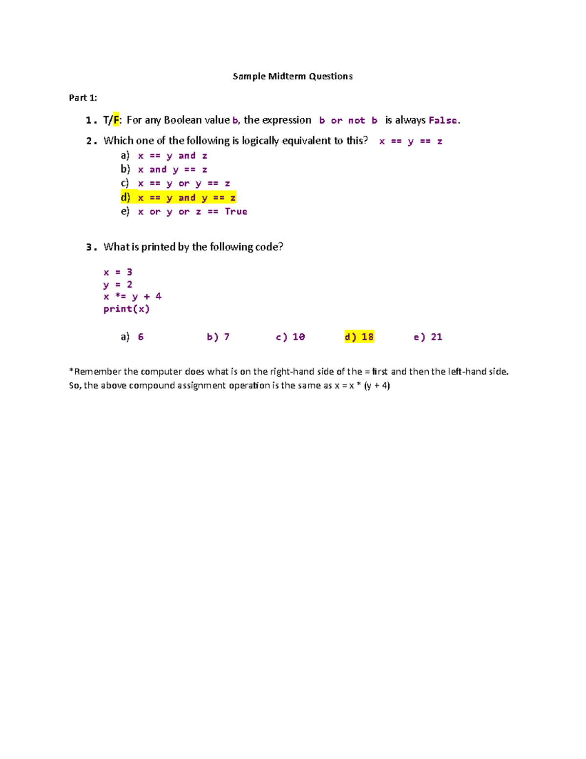 CS112 Sample Midterm Questions and Answers Guide - Studocu
