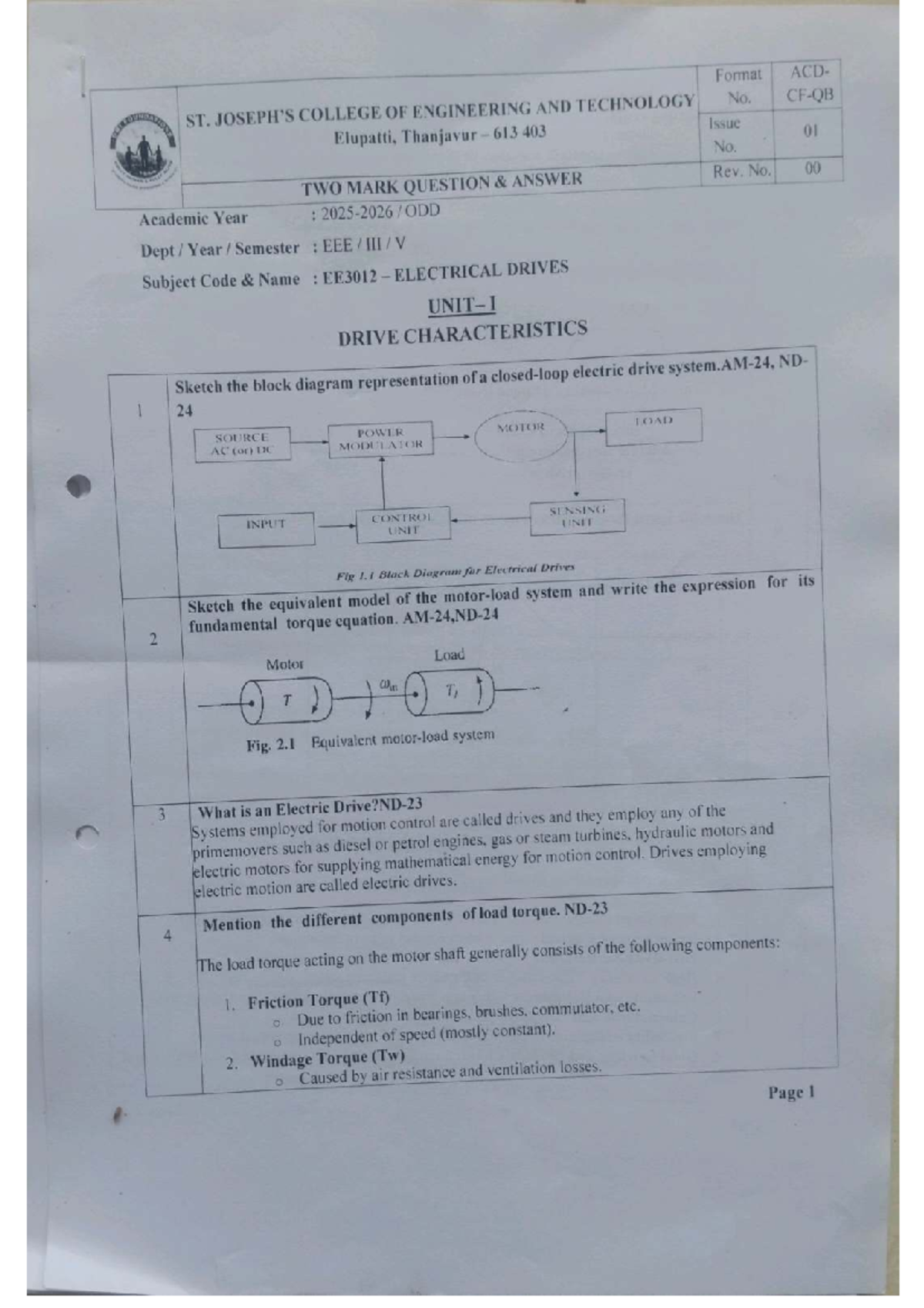 EE3012 Electrical Drives: Two Mark Question Answers - Studocu