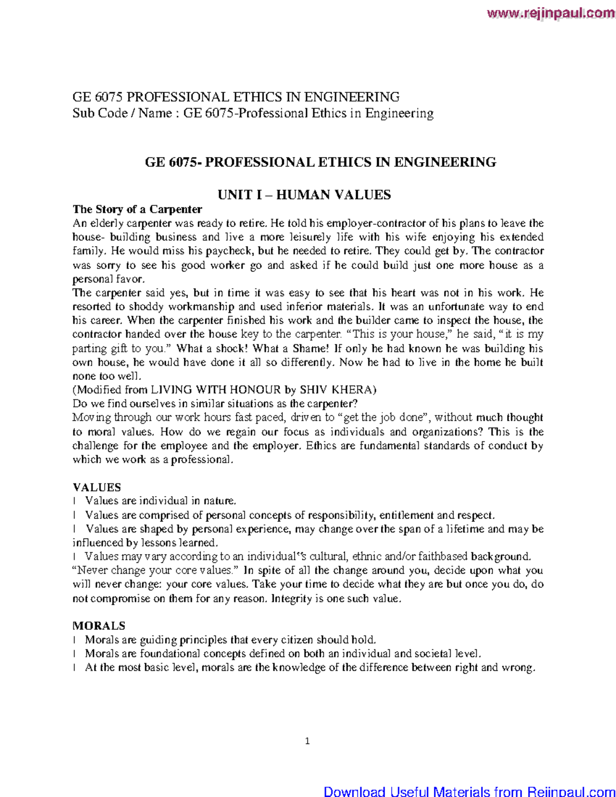 GE6075 Notes Rejinpaul - 1 GE 6075 PROFESSIONAL ETHICS IN ENGINEERING ...