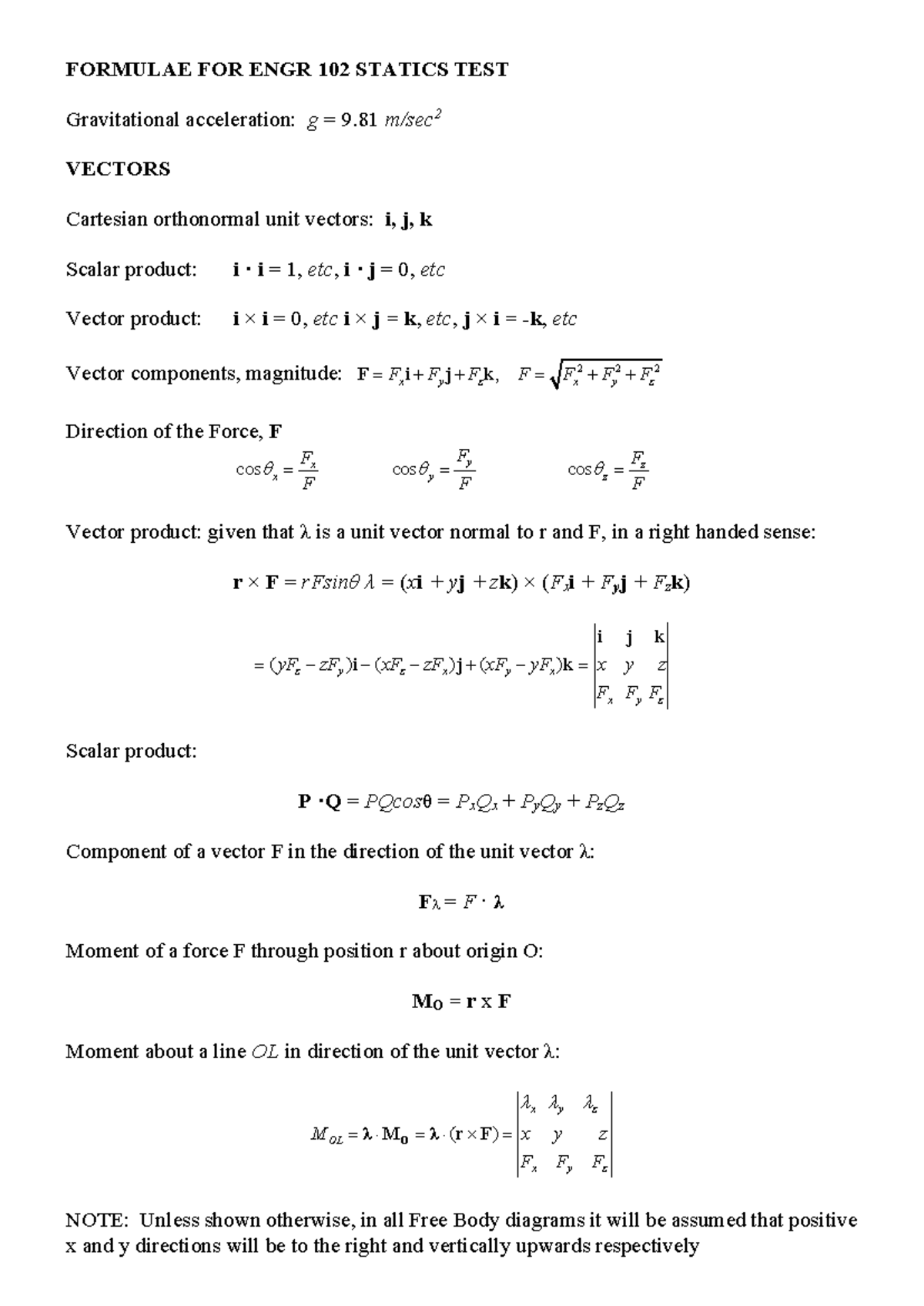 ENGR 102 Statics Test Formula Sheet for 2025 - Studocu