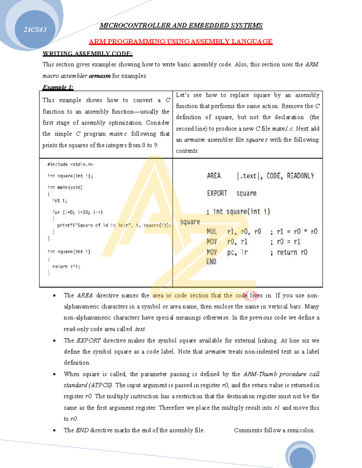 21CS43 Microcontroller & Embedded Systems: ARM Assembly Code Examples ...