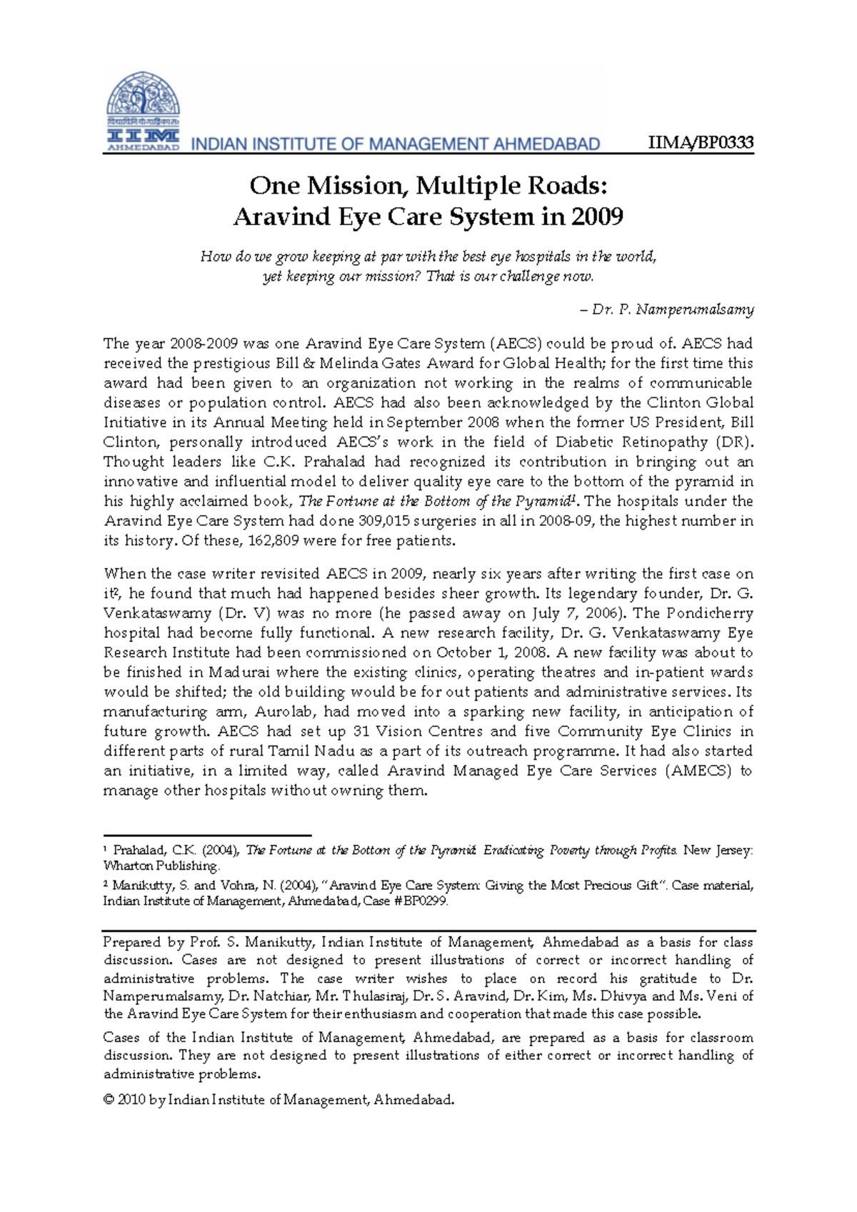 Case Study: Growth and Innovations at Aravind Eye Care System (IIMA/BP ...