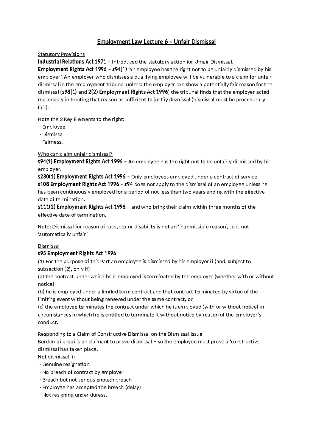 Employment Law Lecture 6: Unfair Dismissal & Statutory Provisions - Studocu