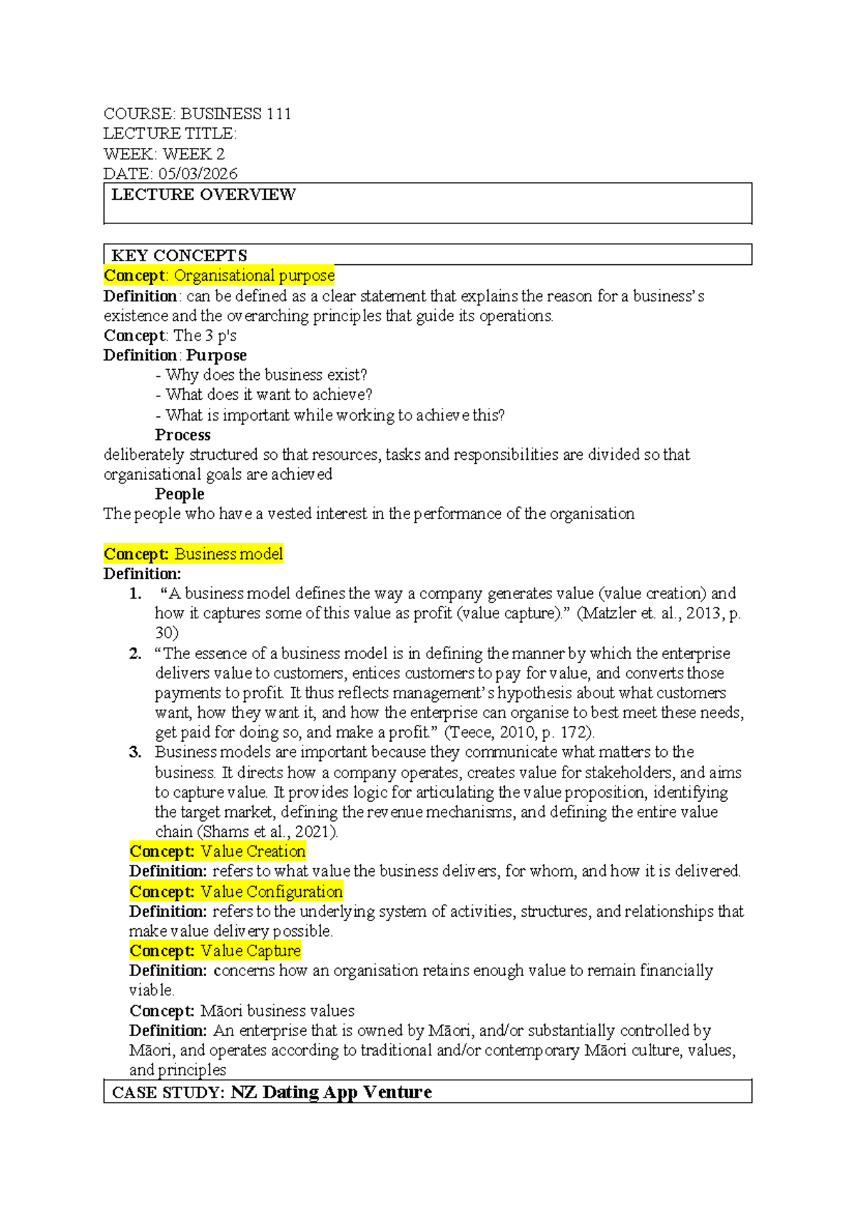 BUS 111 Lecture Notes: Week 2 Overview on Business Models and Values ...