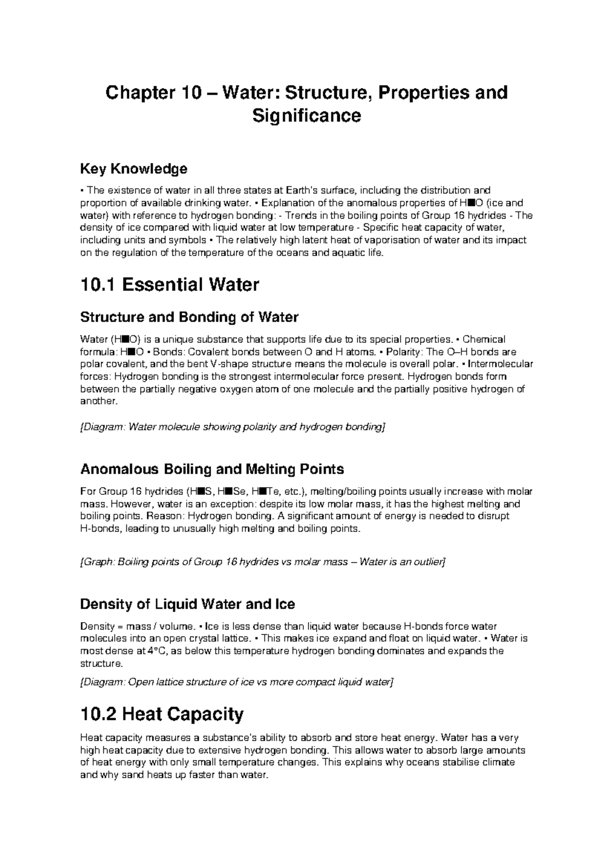 Chapter 10 Study Notes: Water's Structure, Properties & Significance ...
