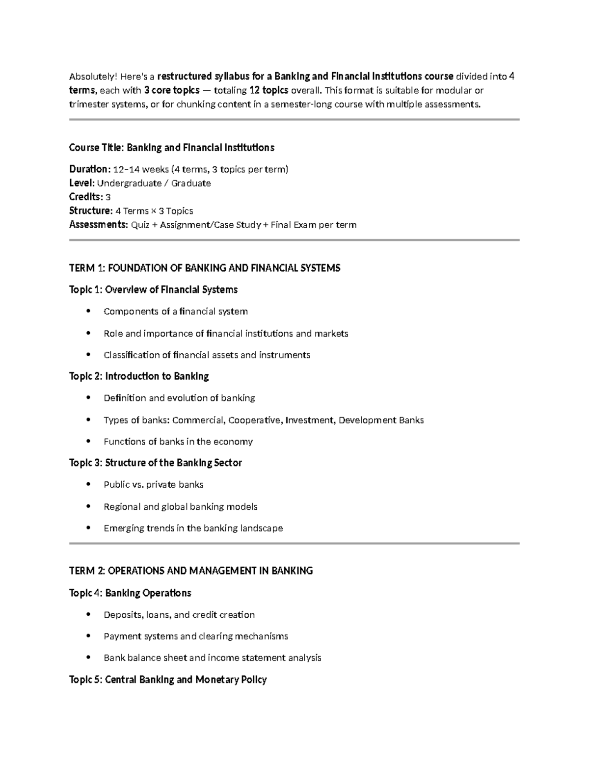 Banking and Financial Institutions Syllabus (Undergrad/Grad) - Studocu