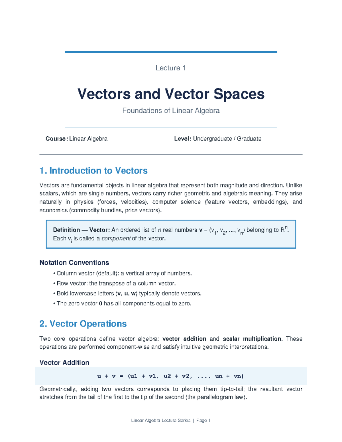Lecture 01: Vectors & Vector Spaces in Linear Algebra - Studocu