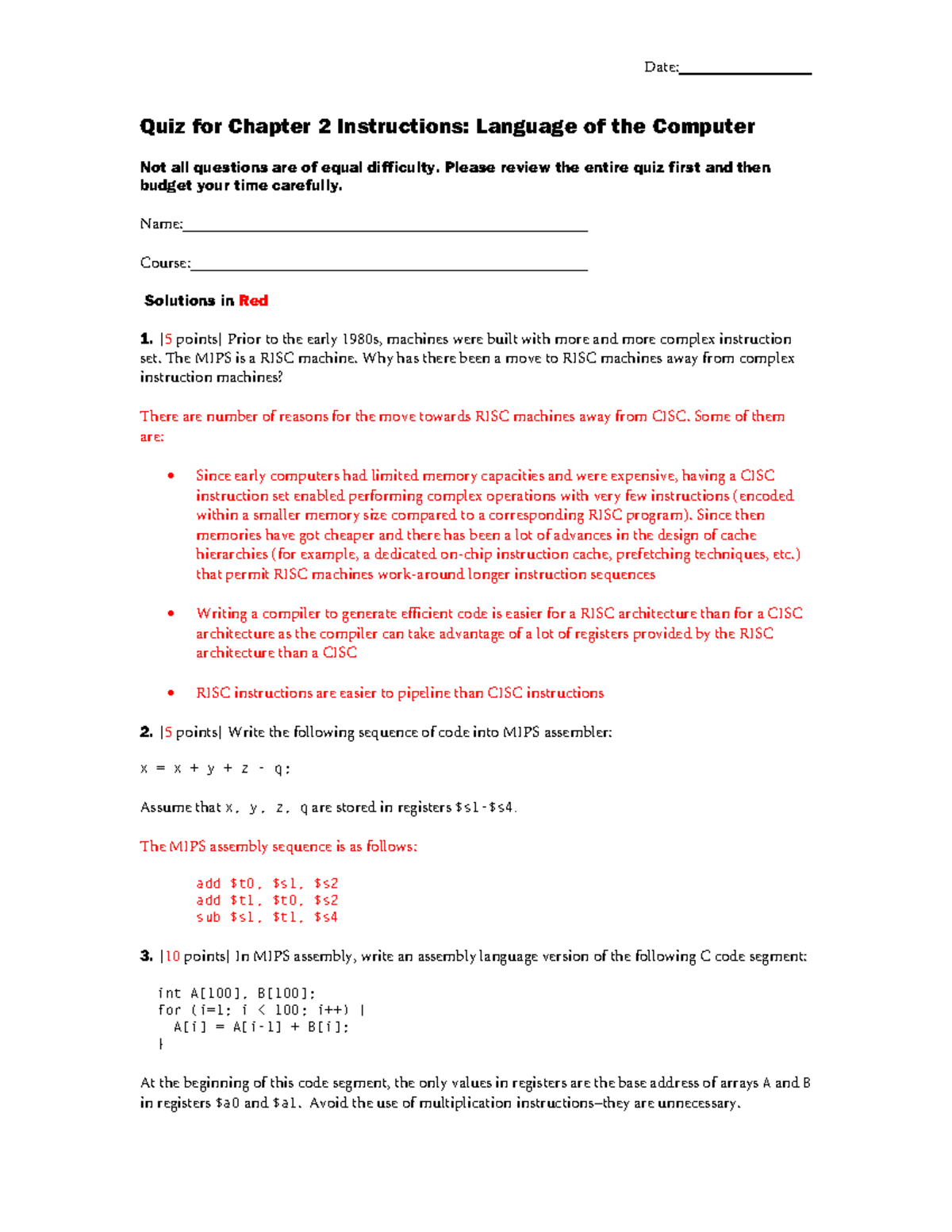 Quiz for Chapter 2: Language of the Computer Solutions - Studocu