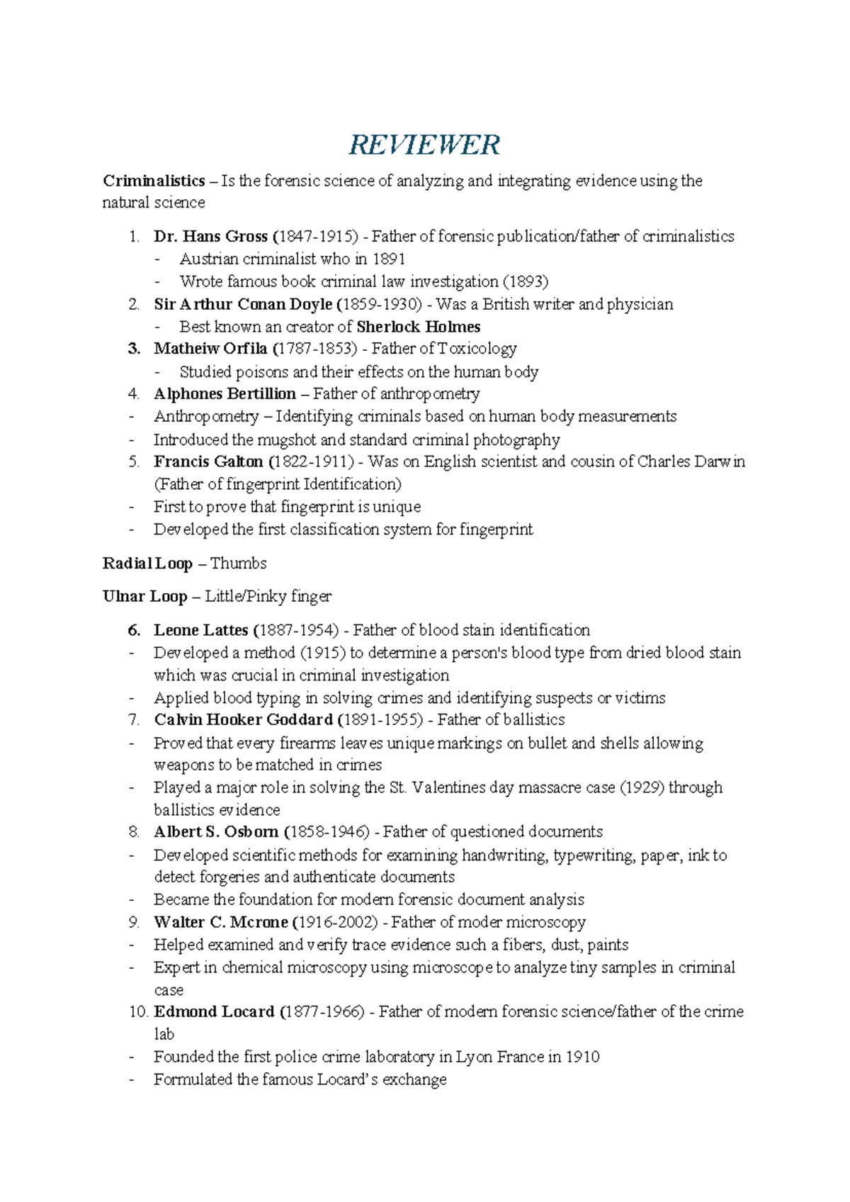 REVIEWER Criminalistics: Key Figures and Their Contributions - Studocu