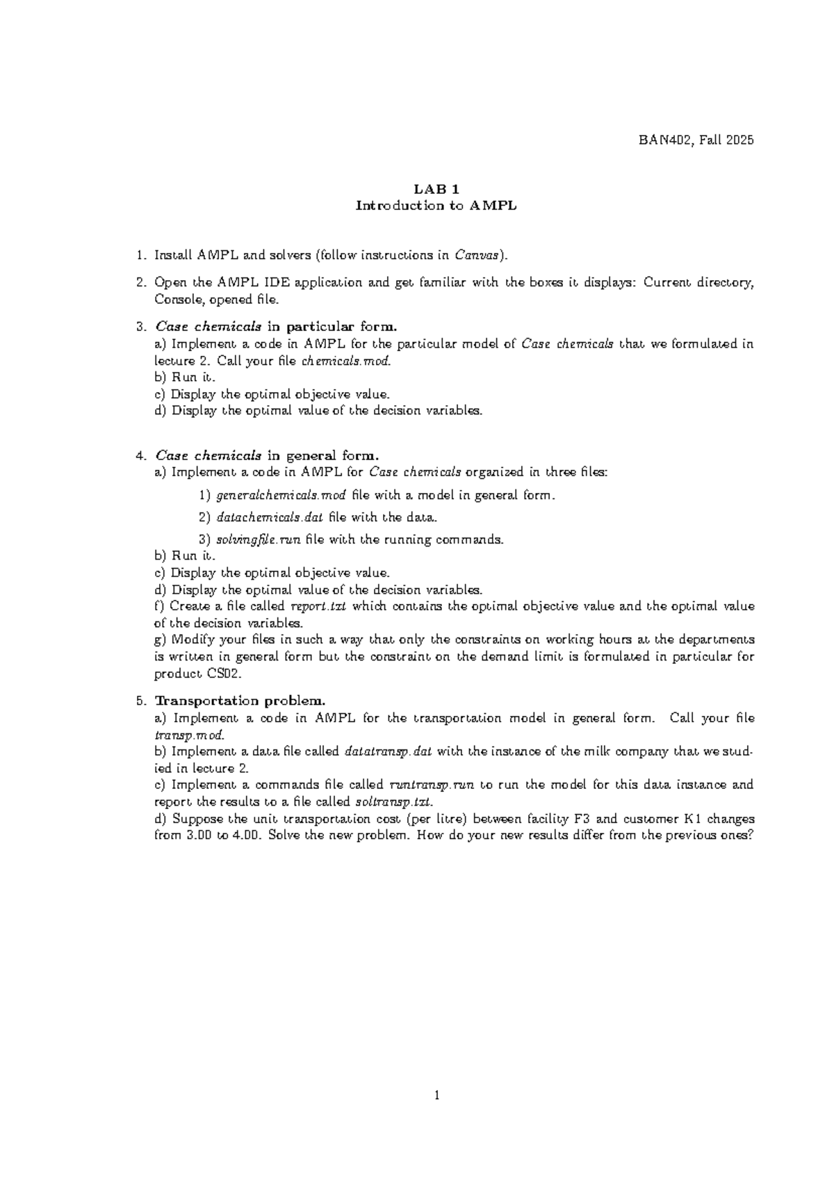 BAN402 Fall 2025 Lab 1: Introduction to AMPL and Case Studies - Studocu