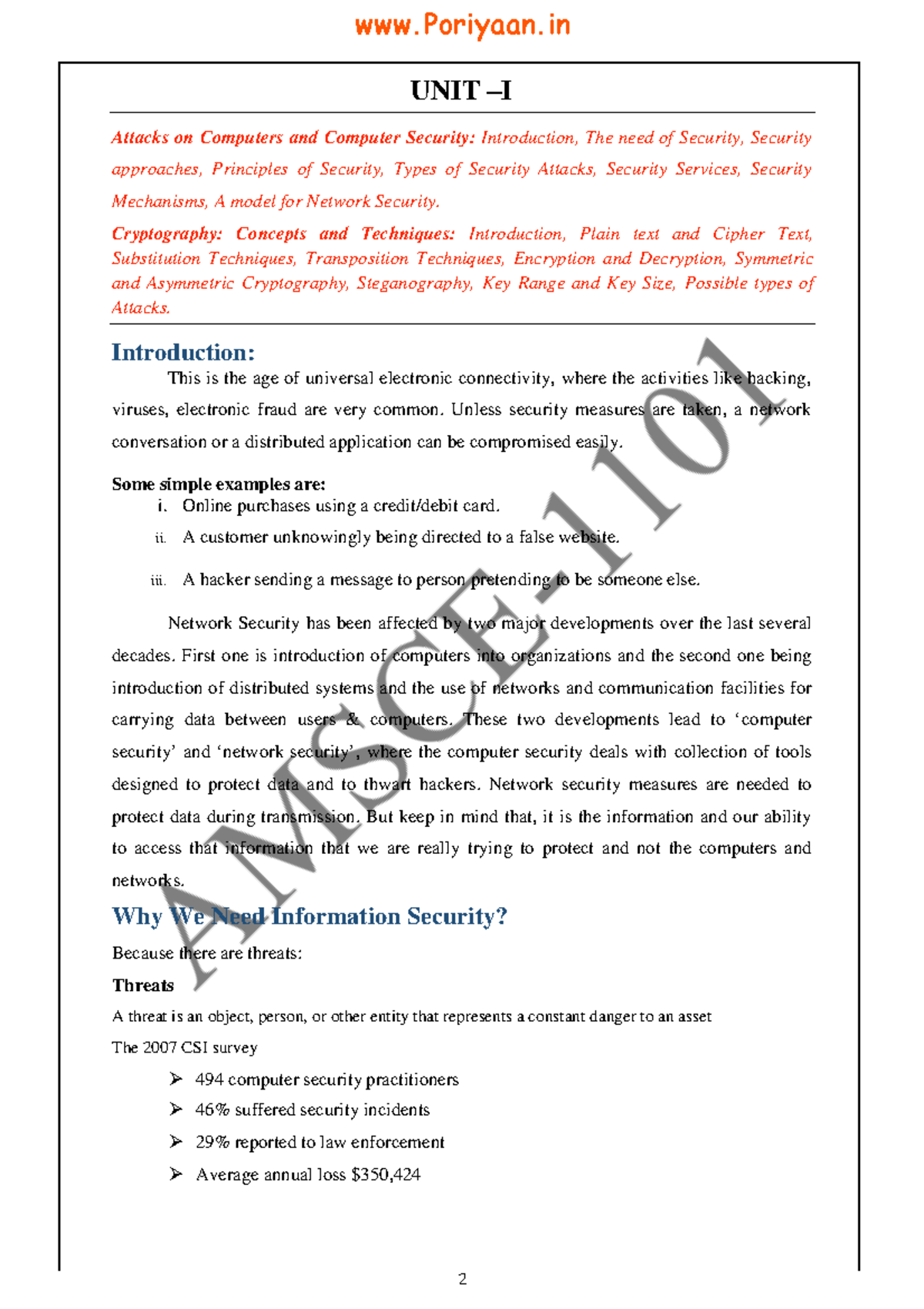 Cryptography and Cyber Security 1 - CB3491 - Unit I Notes - Studocu
