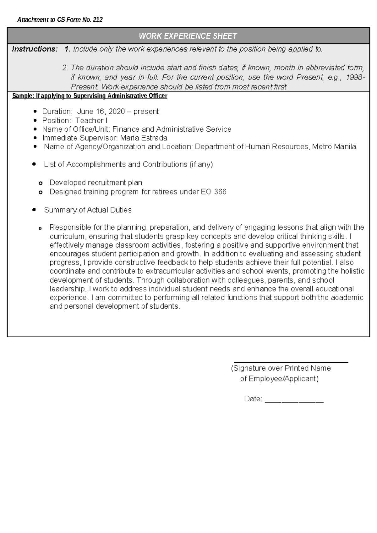 CS Form No. 212 - Work Experience Sheet for Job Applications - Studocu