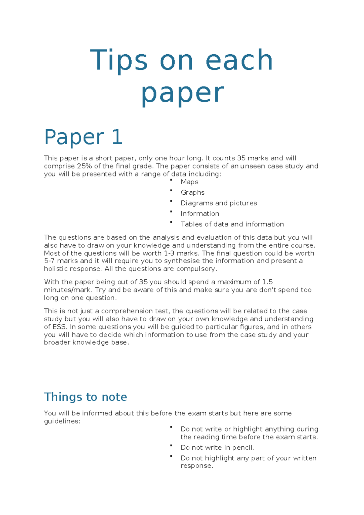 Tips on each paper-ESS - nx, - Tips on each paper Paper 1 This paper is ...
