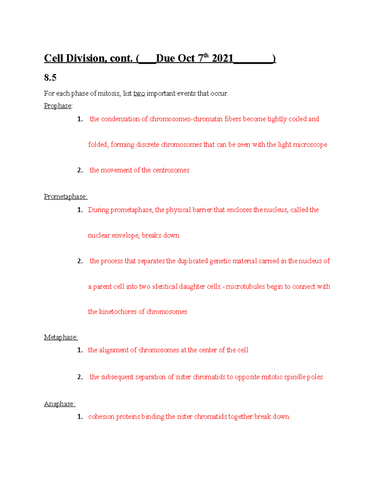 Cell Division Chapter Notes for Biology (Due Oct 7, 2021) - Studocu