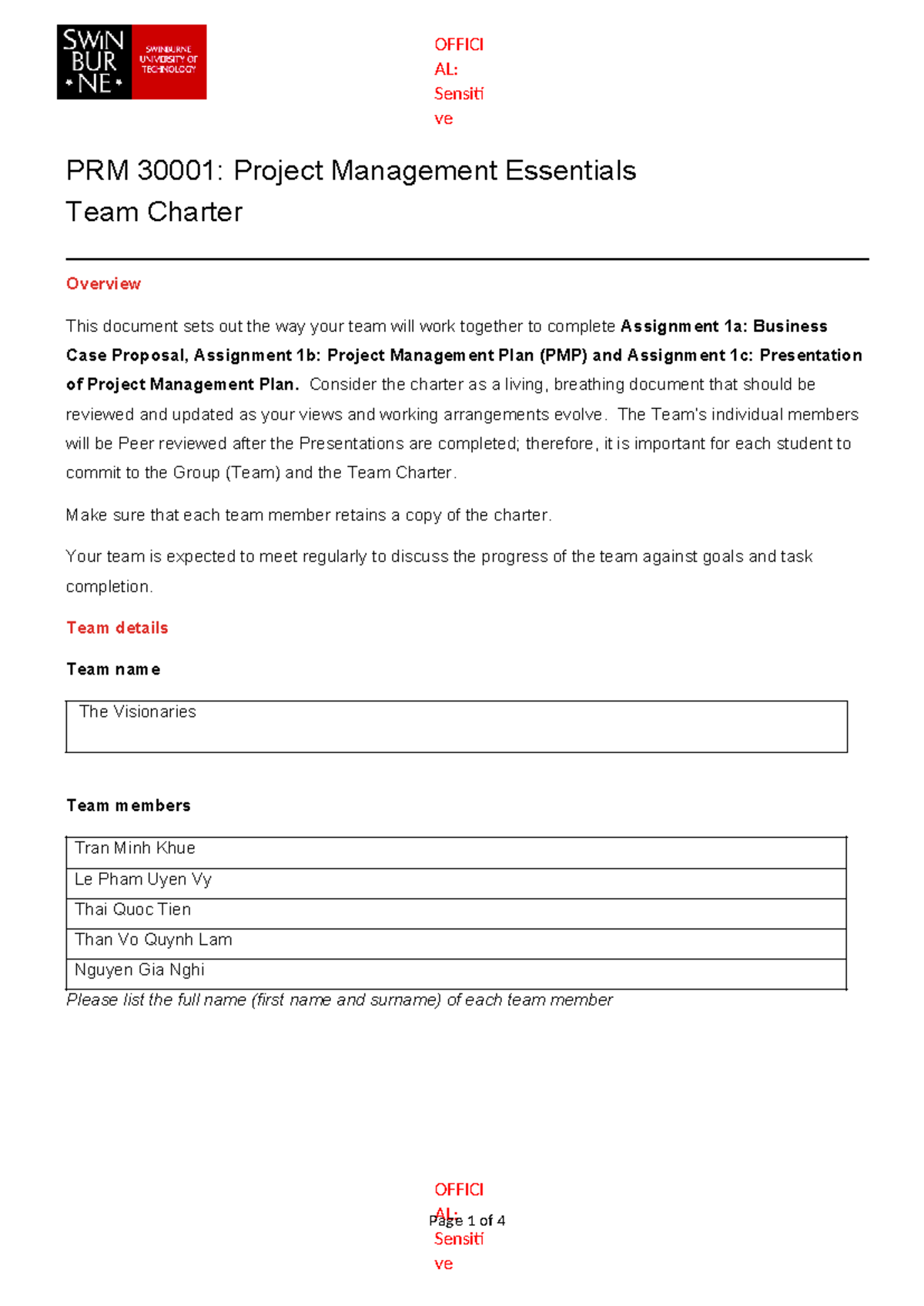 PRM 30001 Team Charter Overview for Project Management Essentials - Studocu