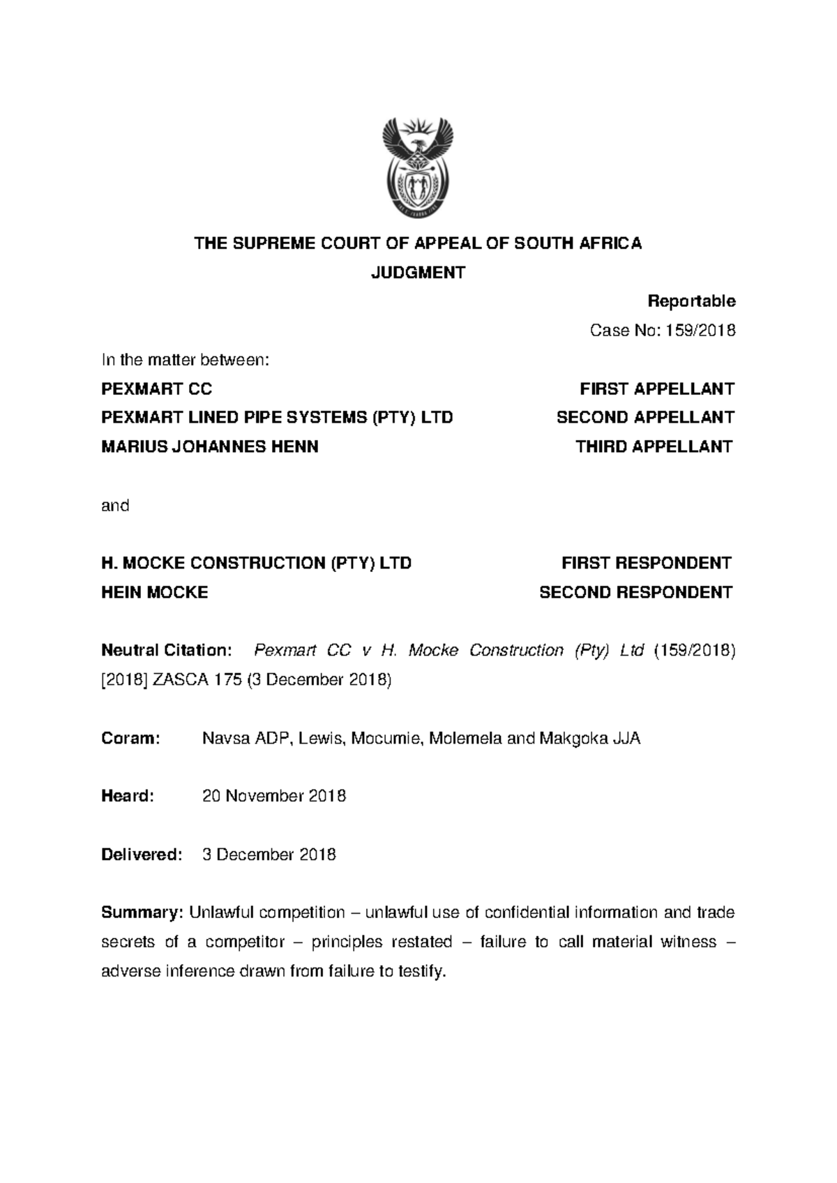 Pexmart CC v H Mocke Construction (Pty) Ltd: Unlawful Competition Case ...