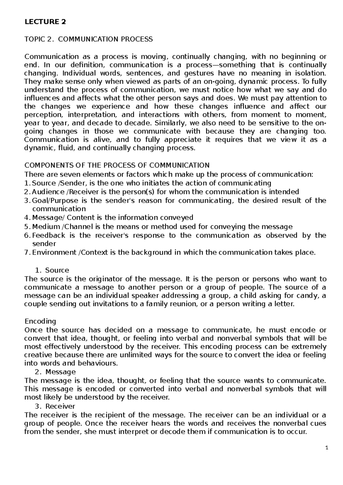LECTURE 2: THE DYNAMIC COMMUNICATION PROCESS - Studocu
