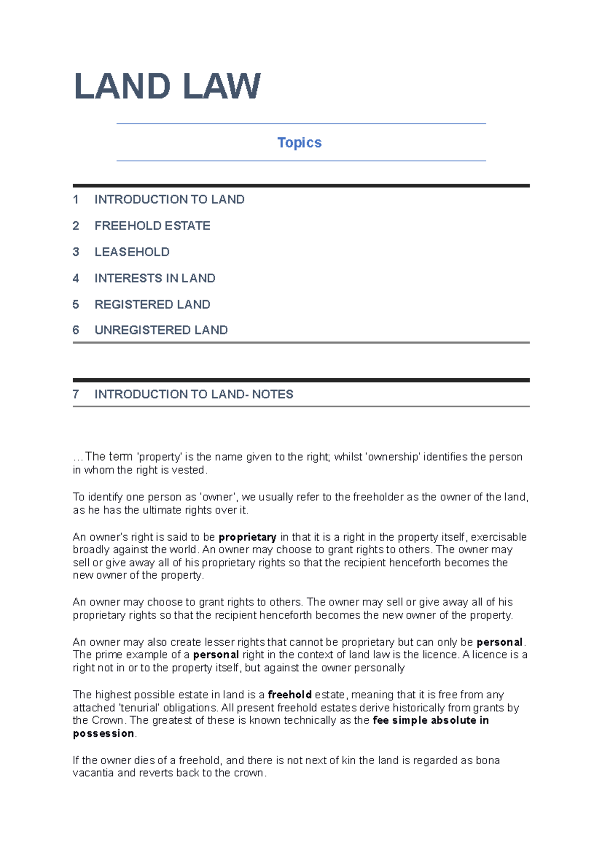 Land Law BPP Lecture Notes: Key Concepts and Estates Explained - Studocu