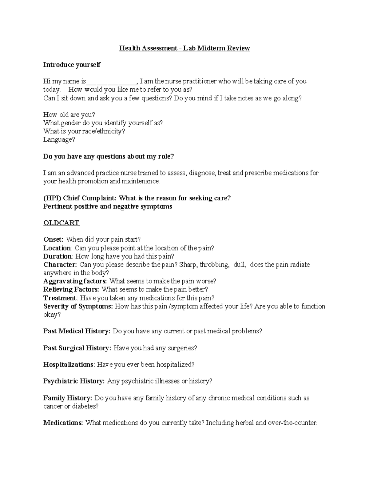 Health Assessment Lab Midterm Review Guide - Studocu