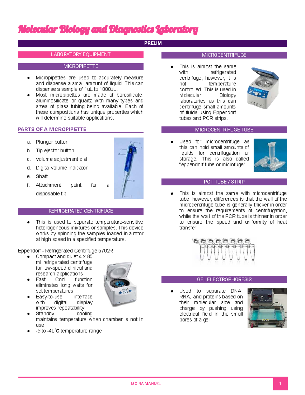 Molecular Biology Lab Equipment Overview - PRELIM 2023 - Studocu