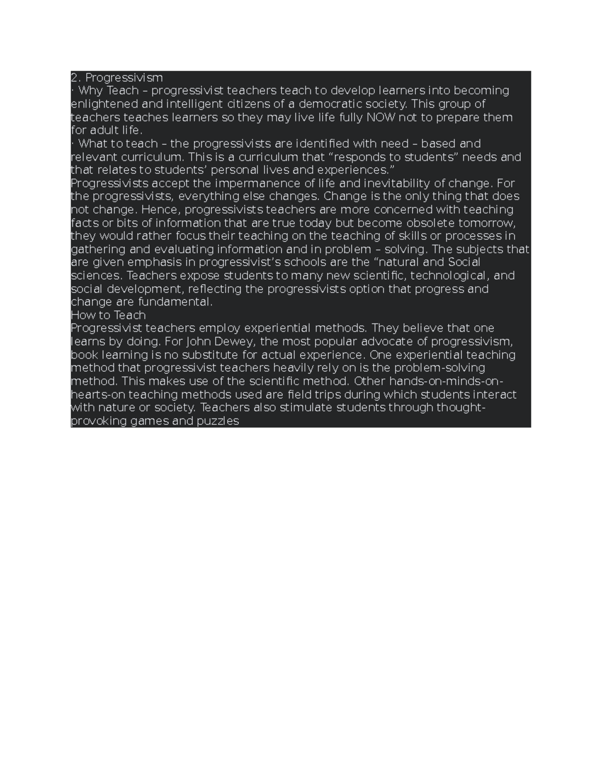 Progressivism in Education: Principles and Teaching Methods - Studocu