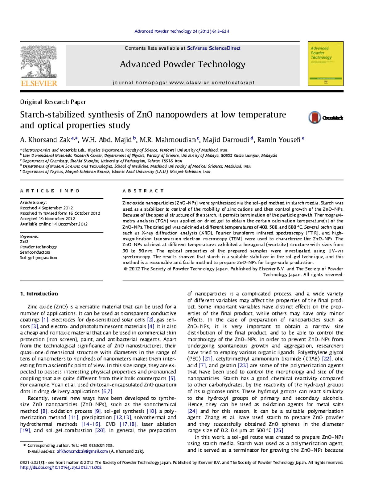 Synthesis and Optical Properties of ZnO Nanoparticles via Starch ...