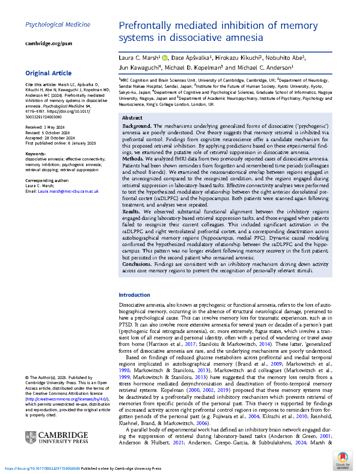 Prefrontally Mediated Inhibition of Memory in Dissociative Amnesia ...