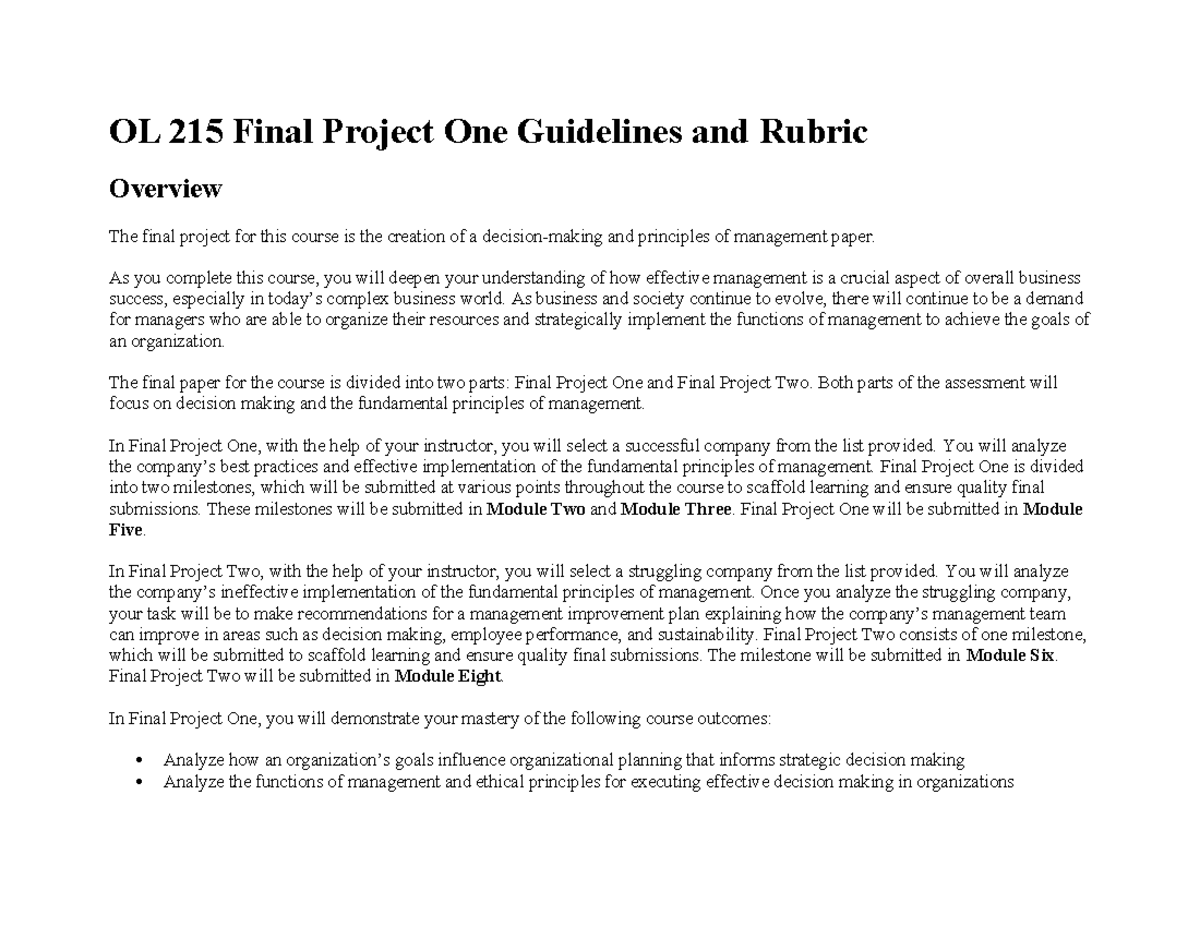 OL 215 Final Project One: Management Principles & Decision-Making Guide ...