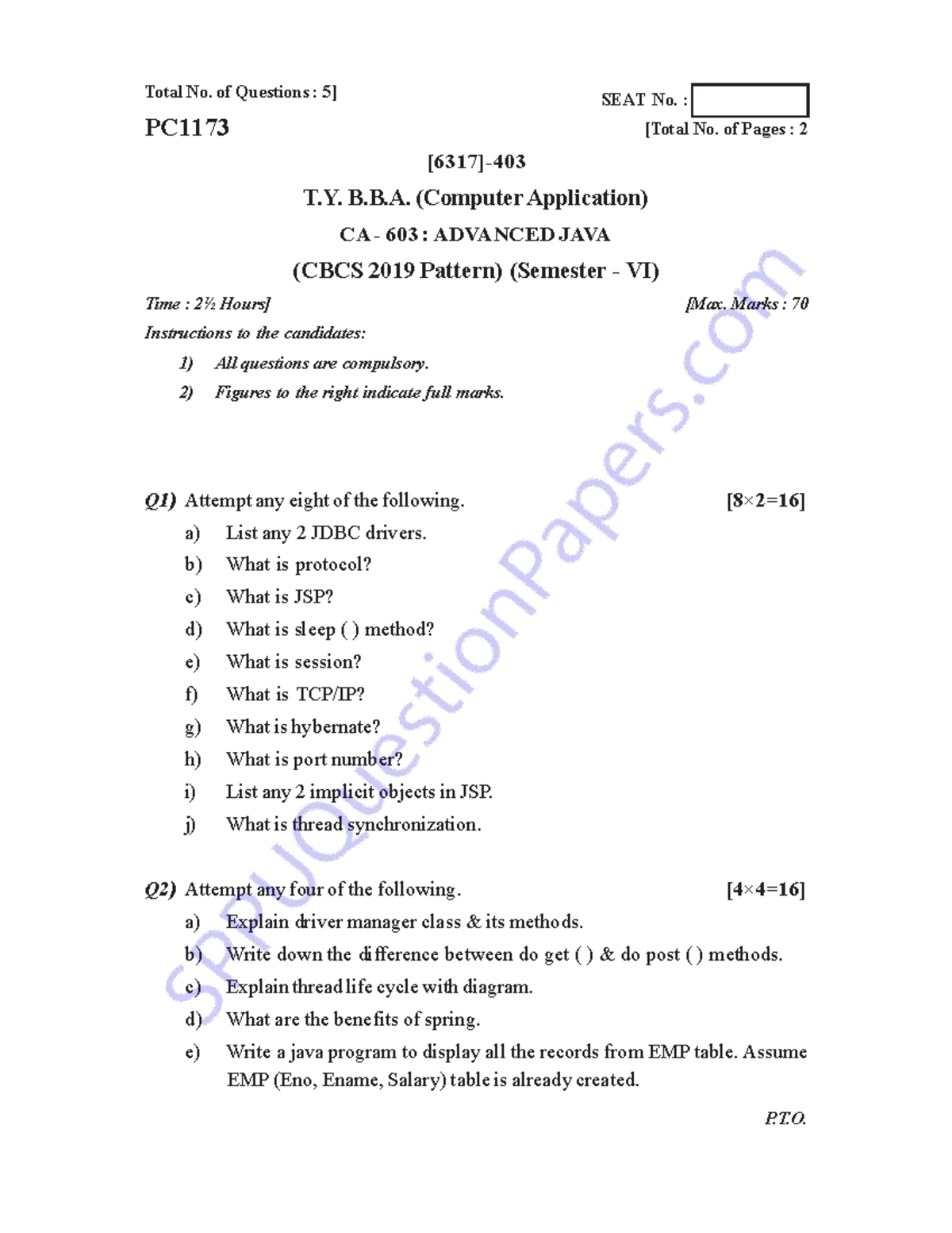 Advanced Java CA 603 Exam Questions - T.Y. B.B.A. Semester VI - Studocu