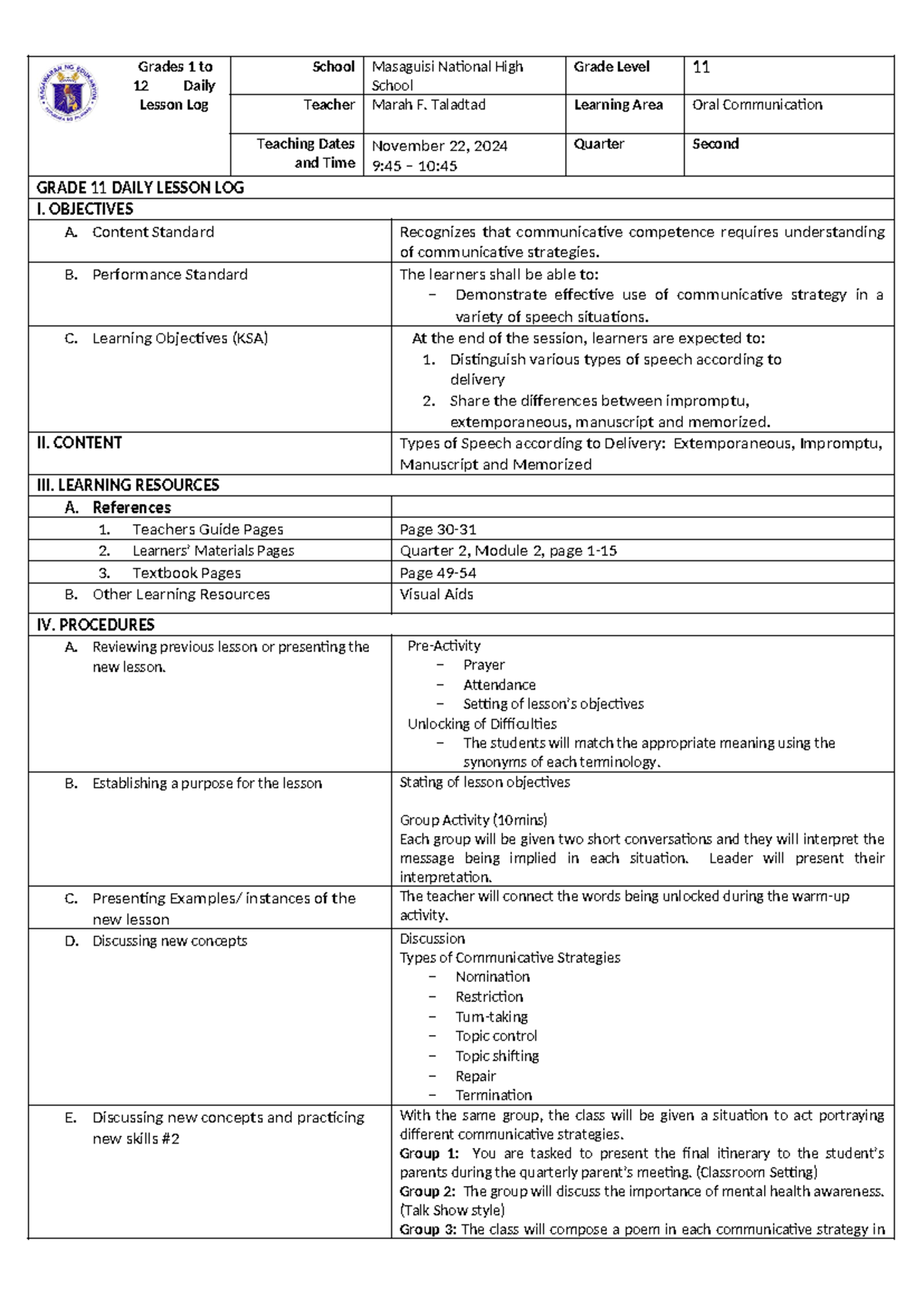 GRADE 11 Oral Communication Daily Lesson Log - November 22, 2024 - Studocu