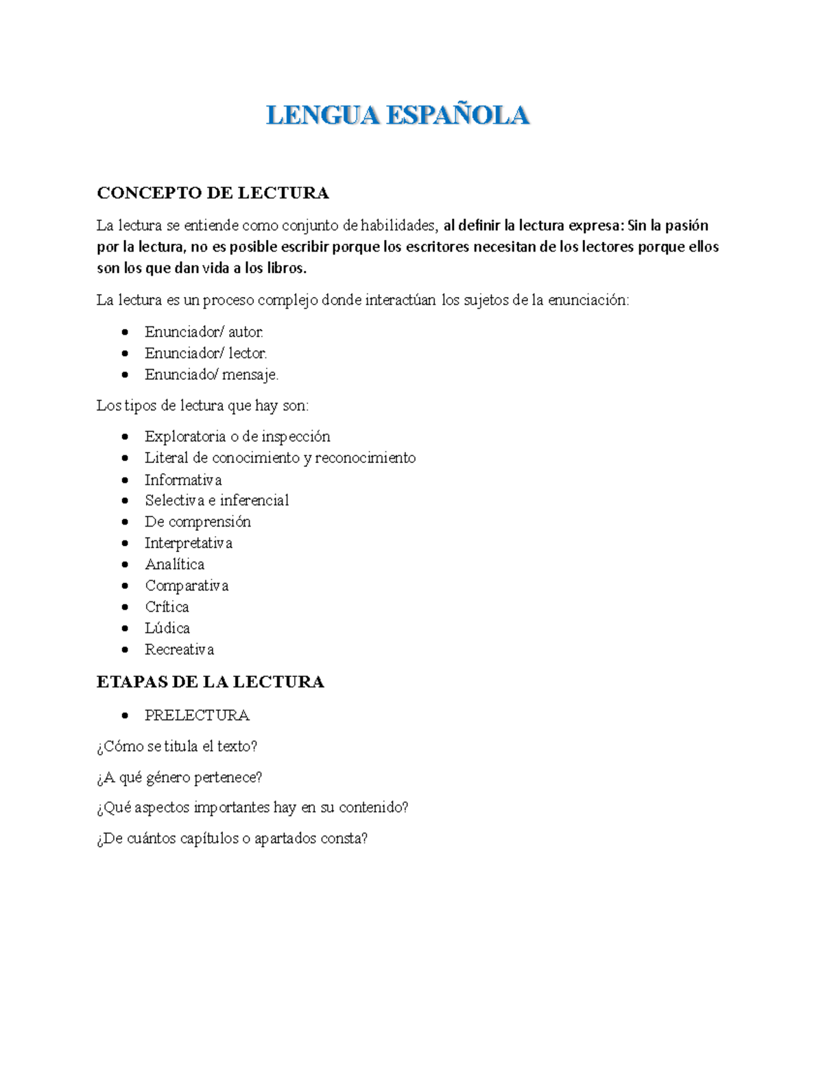 Semana 1: Conceptos Fundamentales de la Lectura en Español - Studocu
