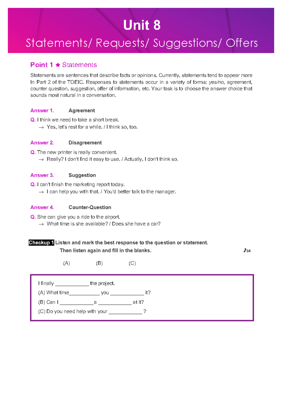 Listening Practice Materials for Unit 8 - TOEIC Preparation - Studocu