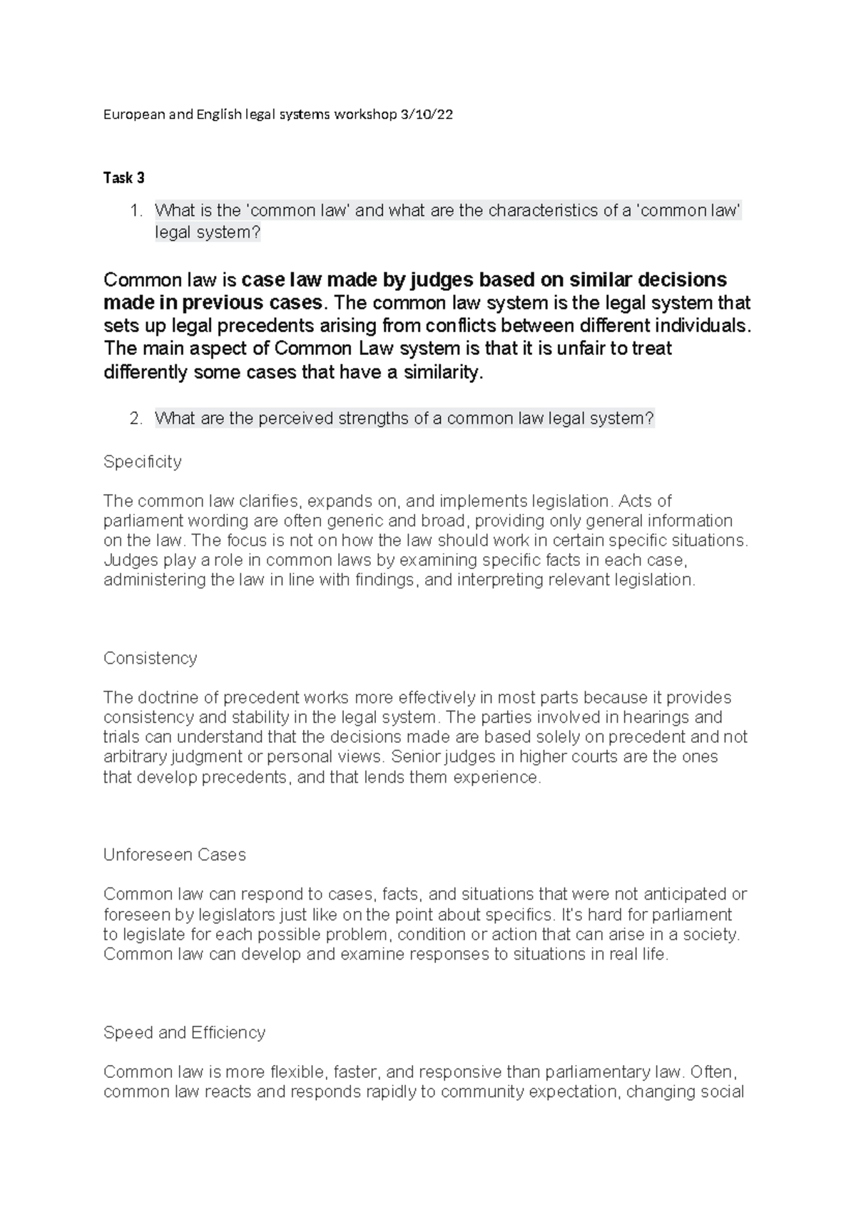 European and English legal systems workshop 3 - What is the ‘common law ...