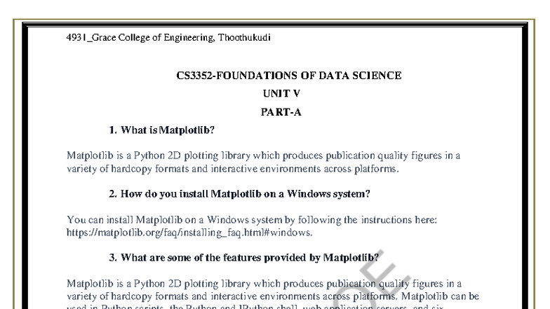 CS3352_FDS Unit V Notes on Matplotlib and Data Visualization Techniques ...