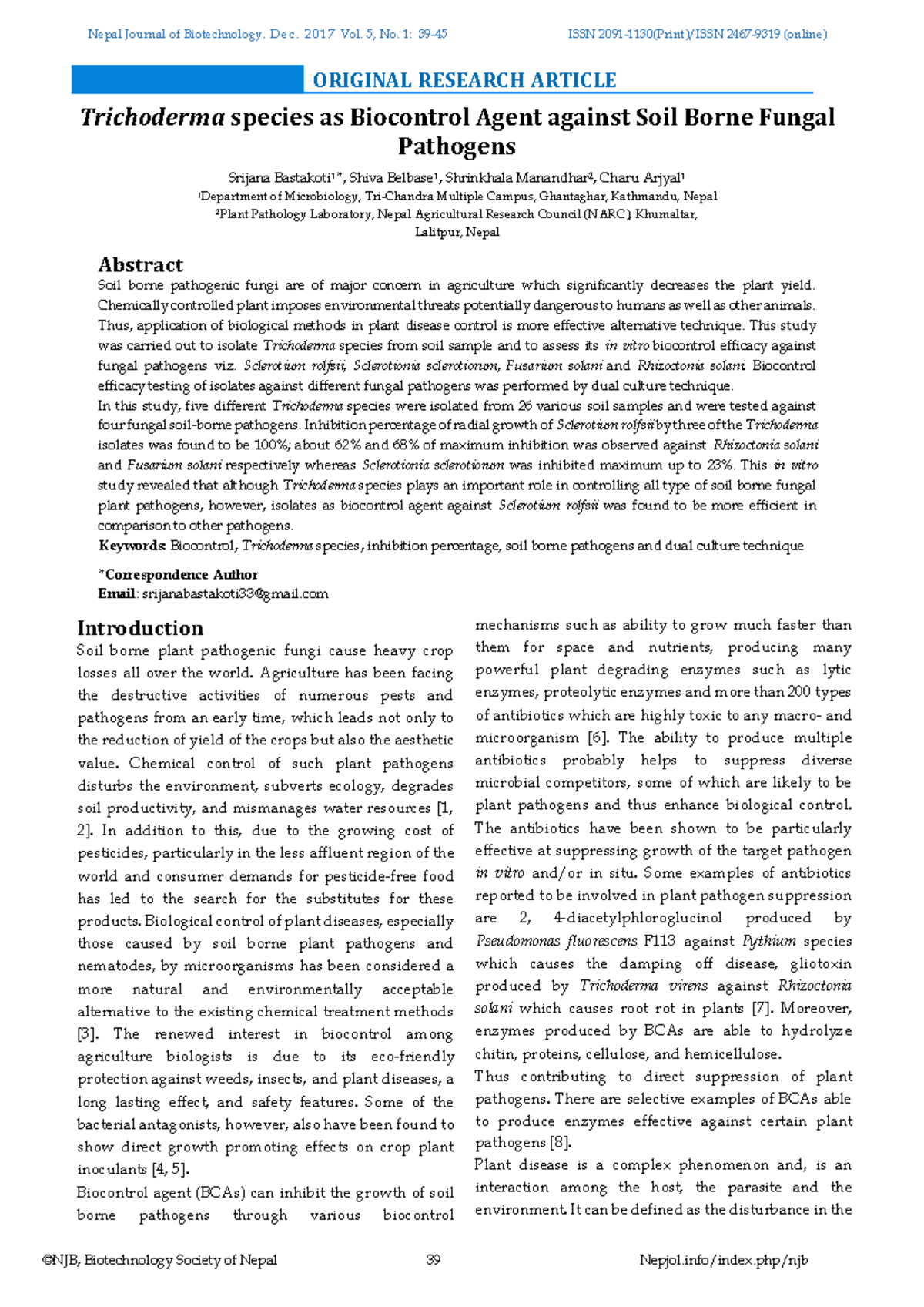 Trichoderma species as Biocontrol Agent against So - Nepal Journal of ...