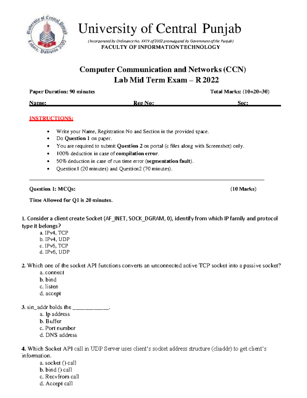 CCN Lab Midterm Exam R22 - Computer Communication & Networks - Studocu