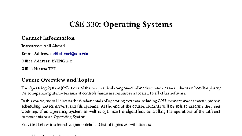 CSE 330: Operating Systems Syllabus SP25 Overview and Details - Studocu