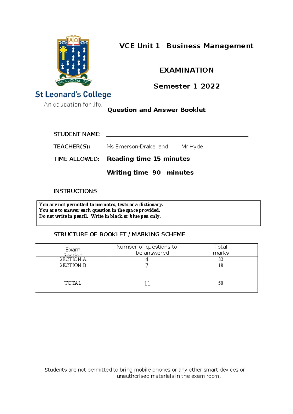 VCE Unit 1 Business Management Exam Q&A Booklet Semester 1 2022 - Studocu