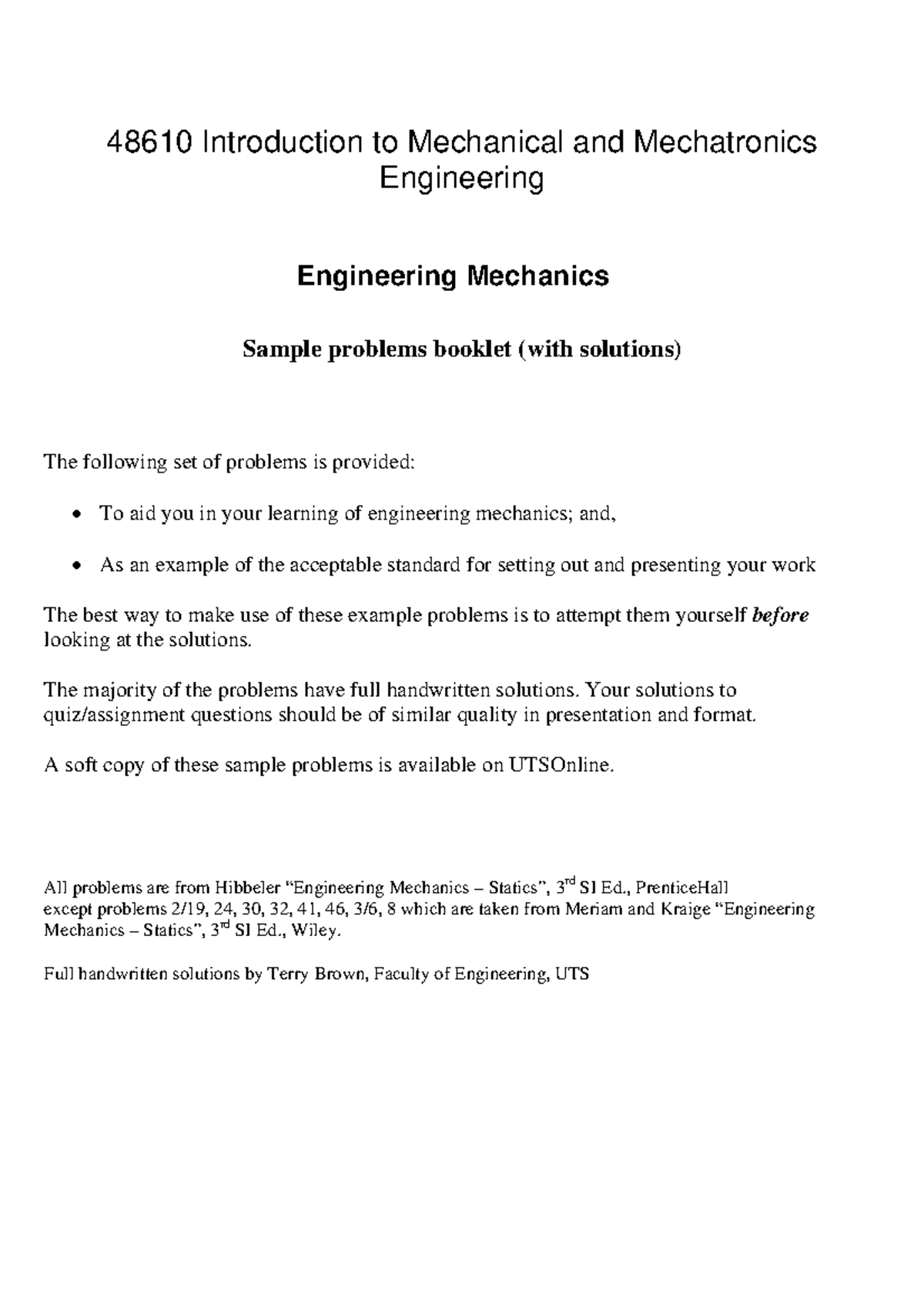 48610 Engineering Mechanics Sample Problems Booklet with Solutions ...