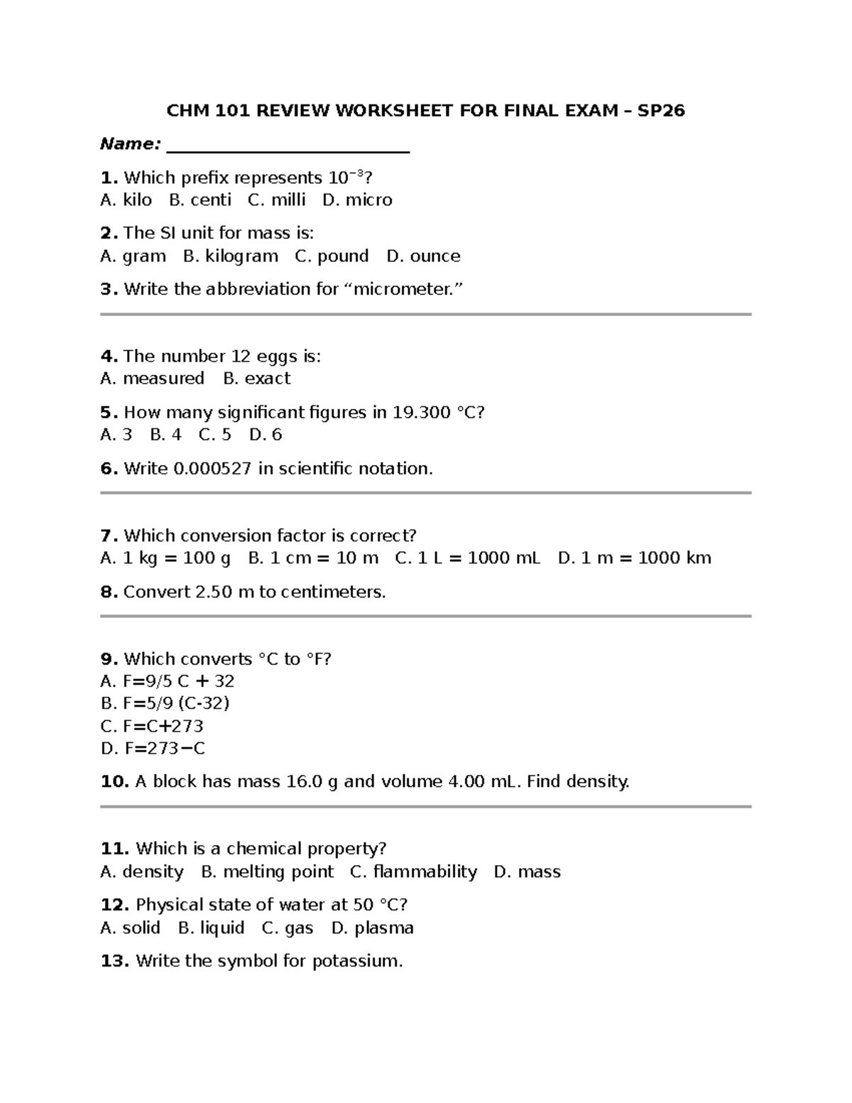 CHM 101 Final Exam Review Worksheet SP26 - Studocu