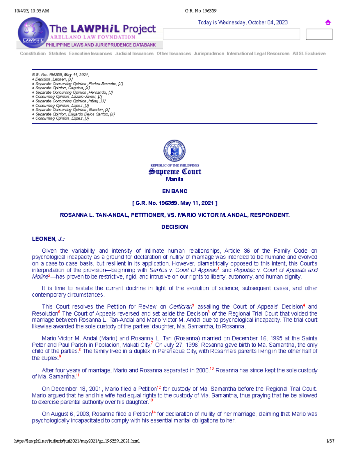G.R. No. 196359: Analysis of Psychological Incapacity in Marriage - Studocu
