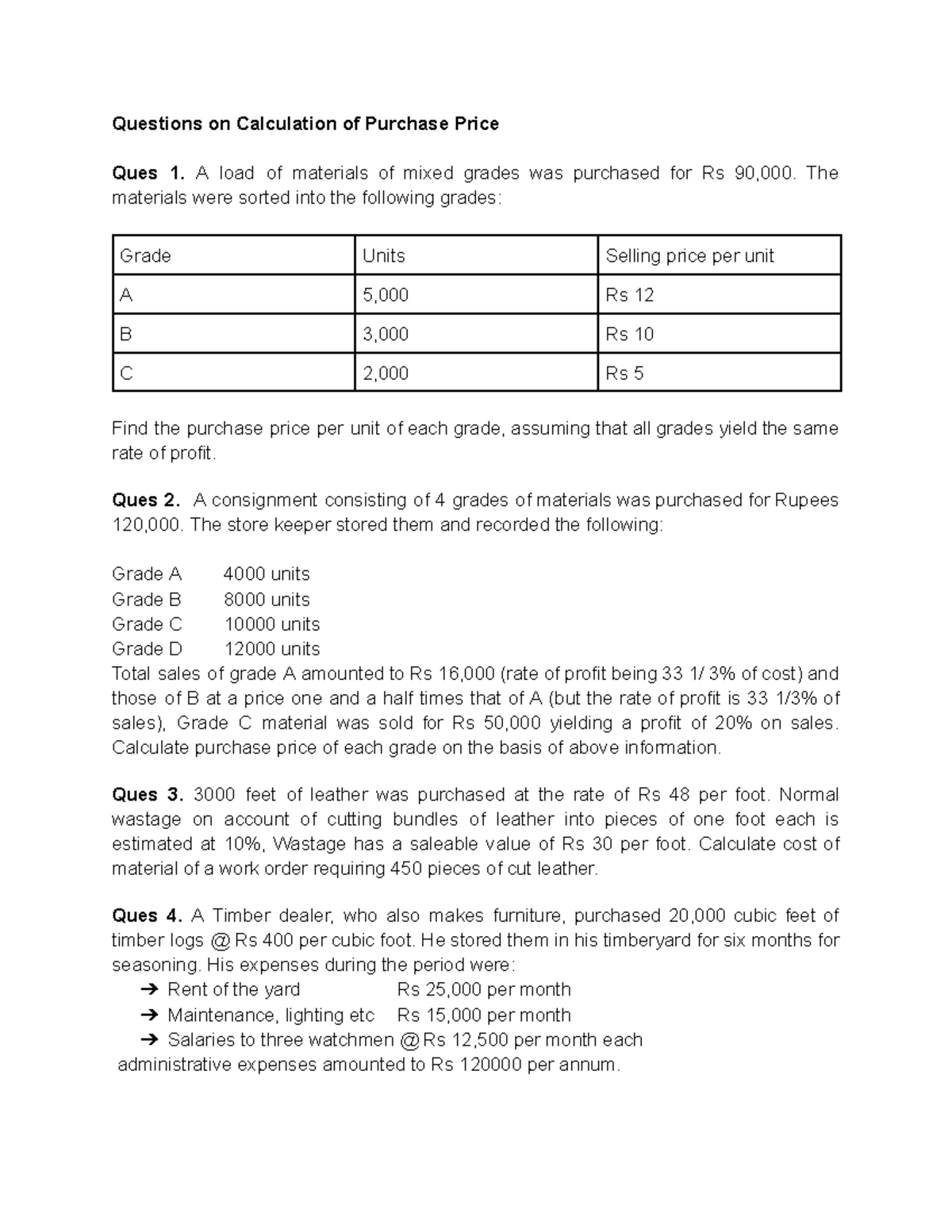 Materials Numerical Questions: Pricing & Inventory Calculations - Studocu