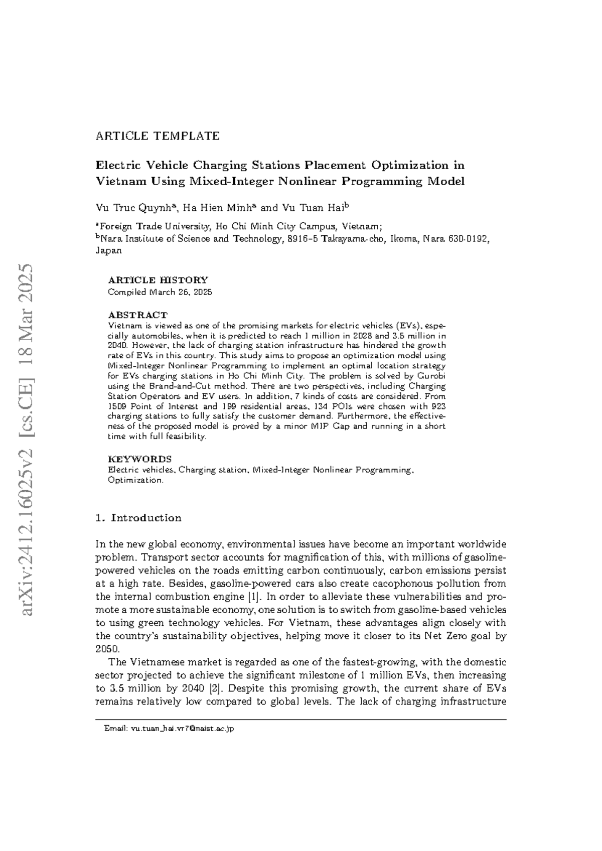 Optimizing EV Charging Station Placement in HCM City: A Nonlinear ...