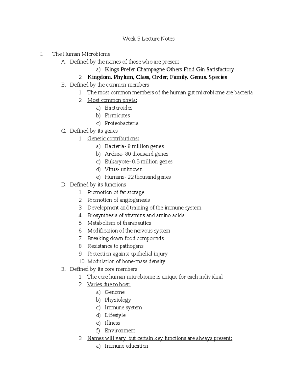 Week 5 Lecture Notes - Week 5 Lecture Notes I. The Human Microbiome A ...