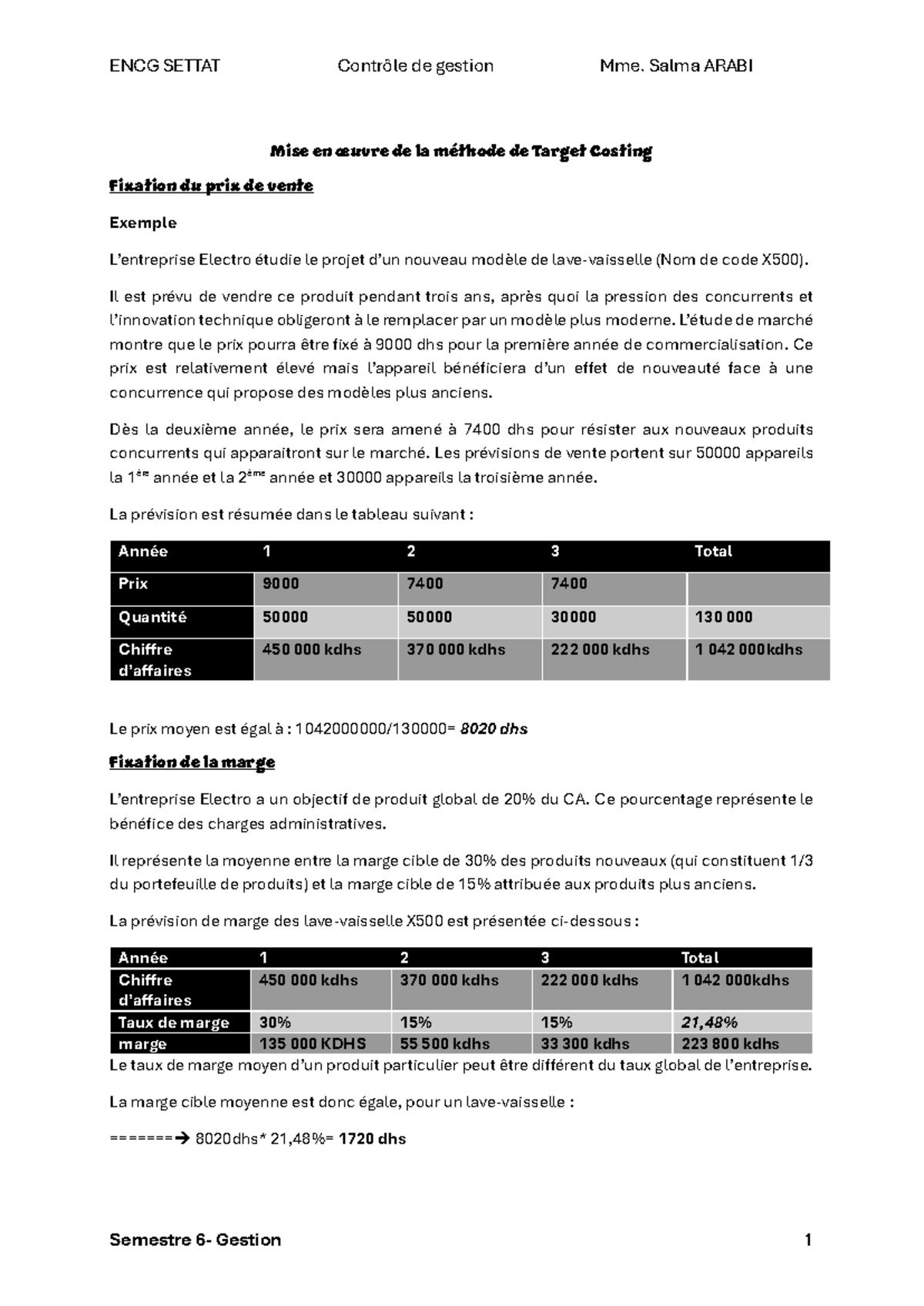 ENCG SETTAT Contrôle de gestion - Target Costing et Prix de Vente - Studocu